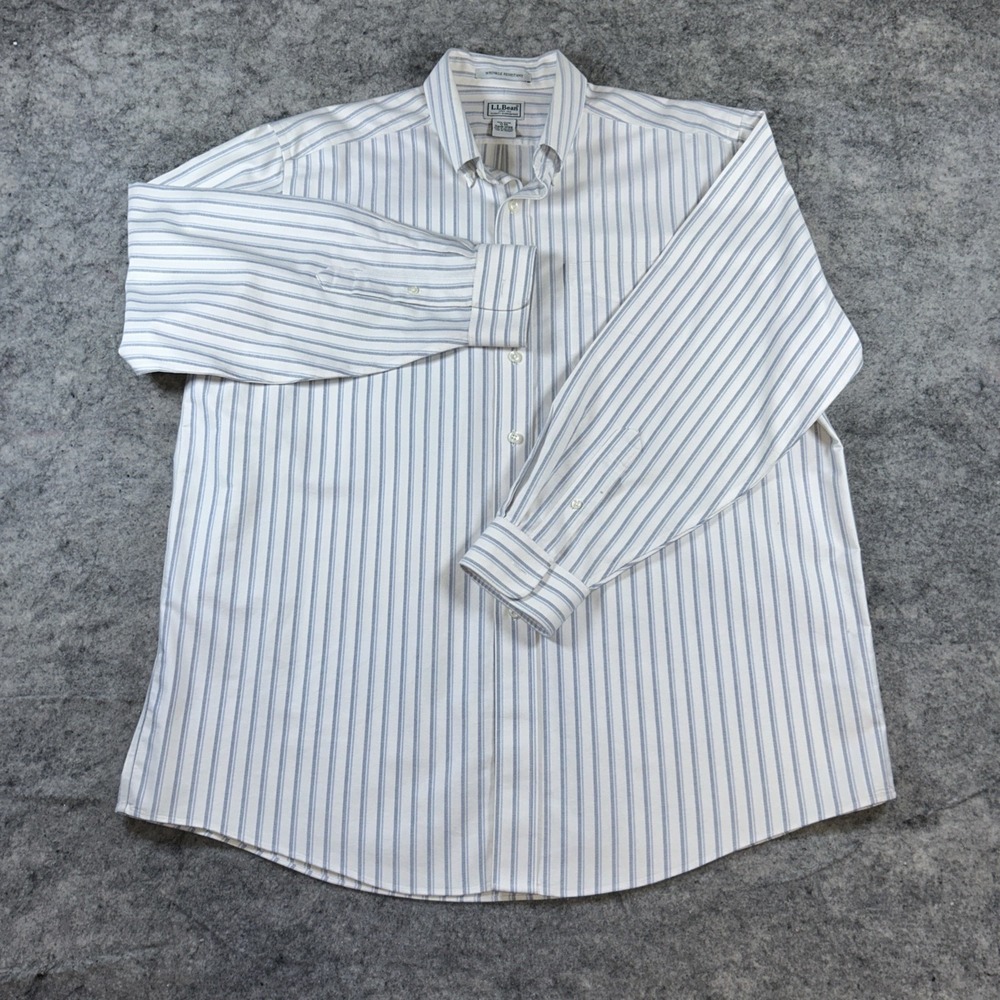 L.L Bean Men's Dress Shirt Men's 17-34 Blue Stripe Wrinkle Resistant Long Sleeve